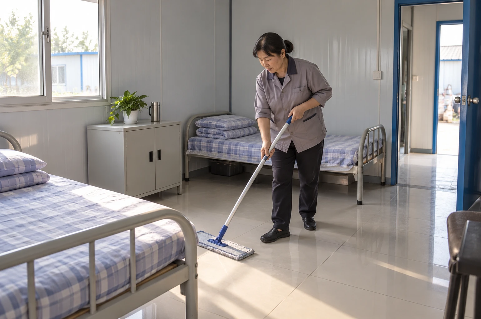 Illustrative cleaner reaching the floor between single beds in a prefab worker bedroom