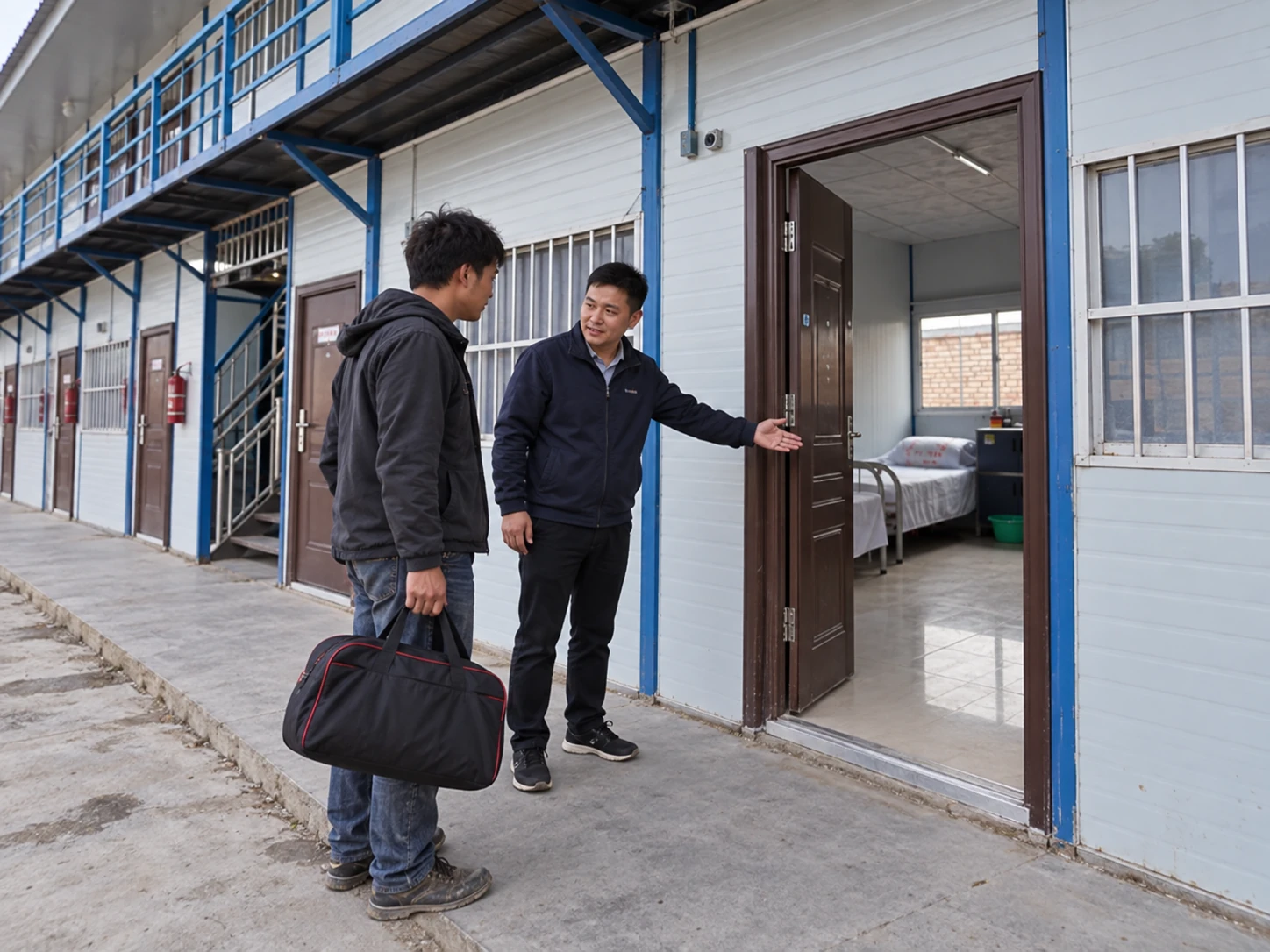 Illustrative ground-floor dormitory entry with an ordinary arrival route and personal overnight bag