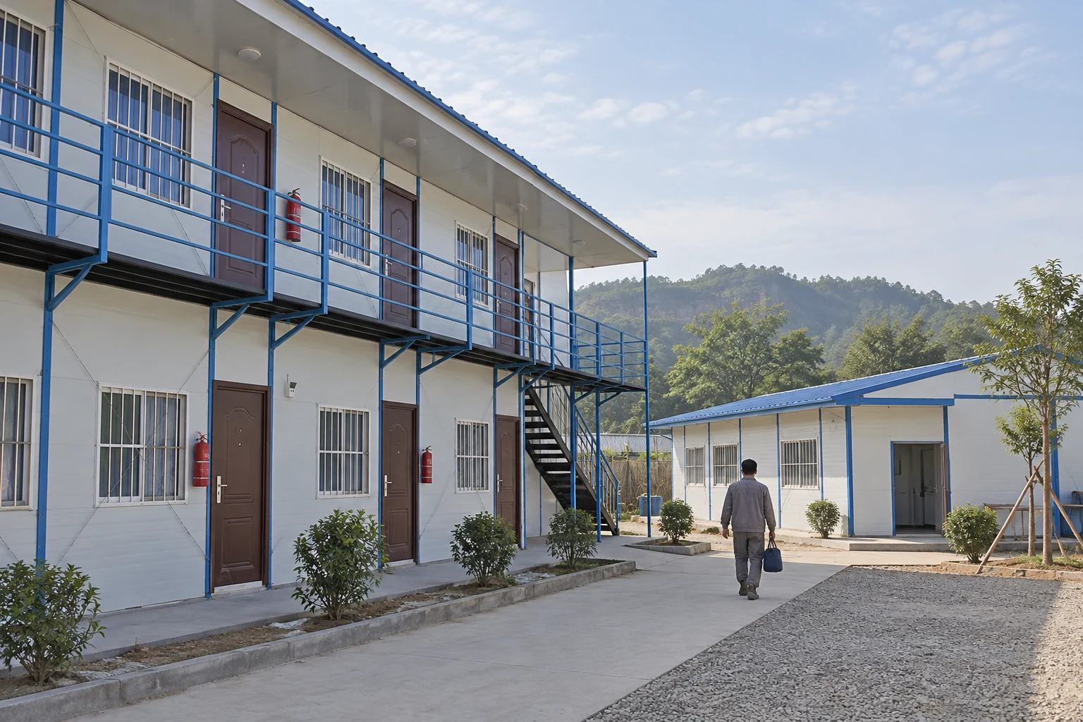 Generated illustration of a worker following a ground walking route between prefab accommodation and a separate service building
