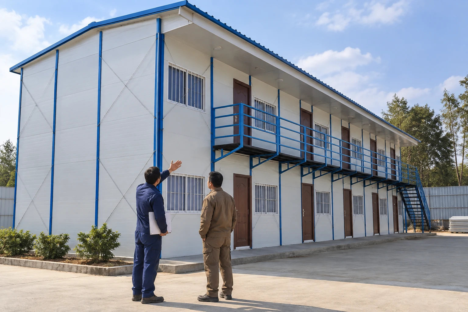 Generated illustration of two operators reviewing an upper facade from ground level beside a prefab accommodation building