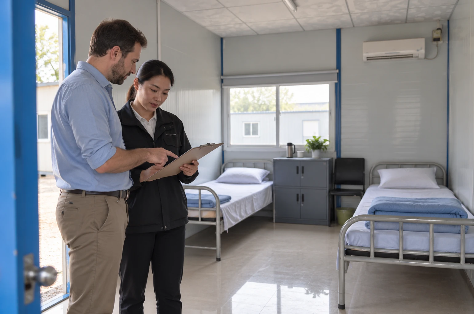 Illustrative buyer and operator reviewing an unlabelled room schedule beside installed dormitory furniture