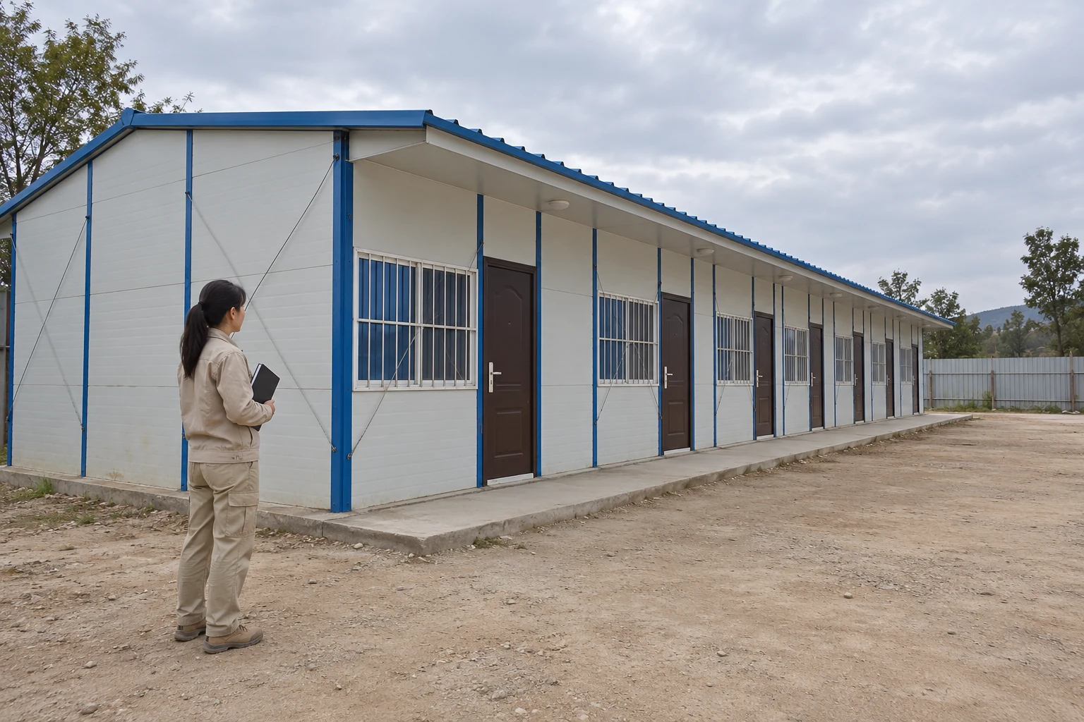 Generated illustration of a planner observing the open ground area beside a modest prefab K-house building