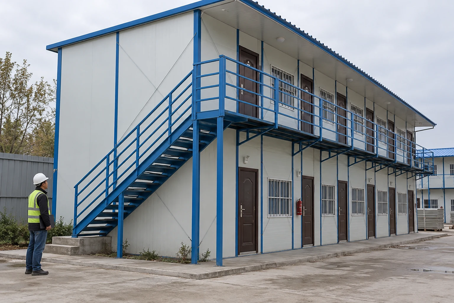 Generated illustrative side view of an external stair meeting the upper gallery of a two-storey prefab accommodation block