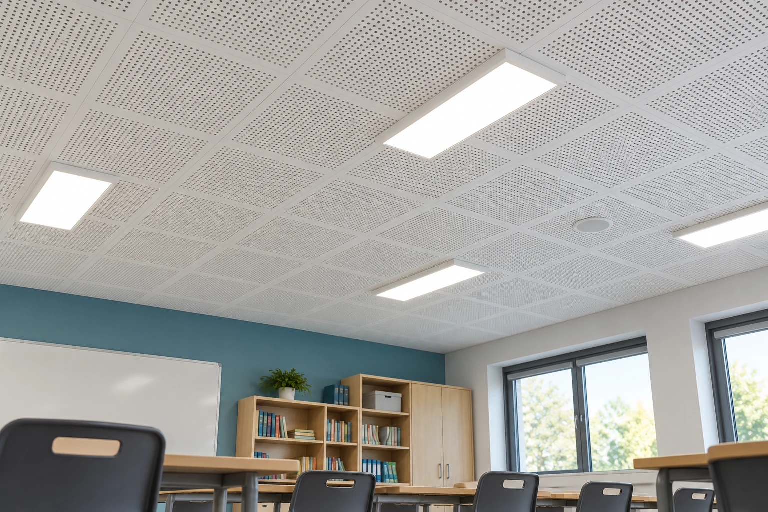 Generated illustration of a classroom ceiling finish, normal lights and furniture beneath it.
