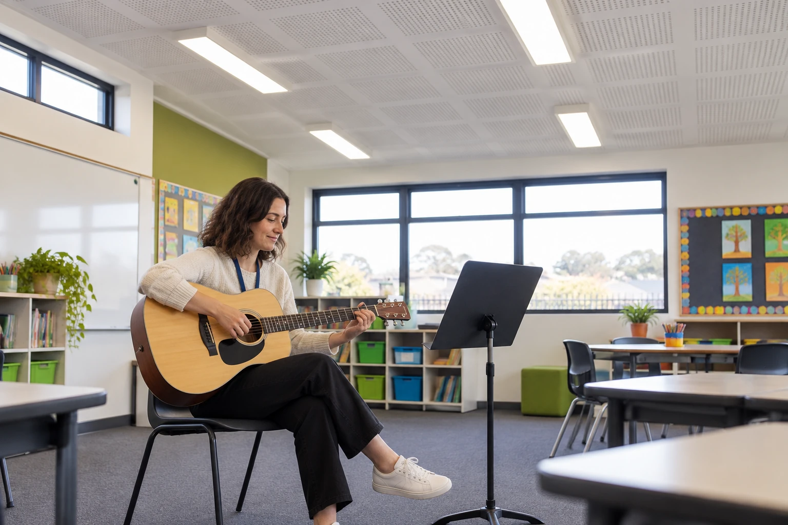 Generated illustration of an adult educator preparing an acoustic guitar activity in a classroom.