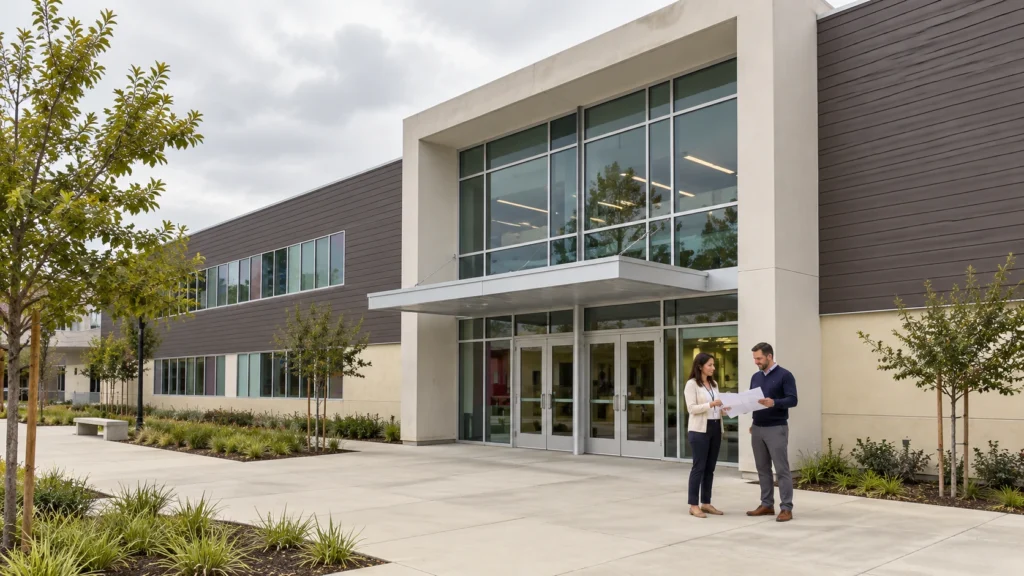 Generated illustration of a modular school entrance with two educators discussing classroom use.