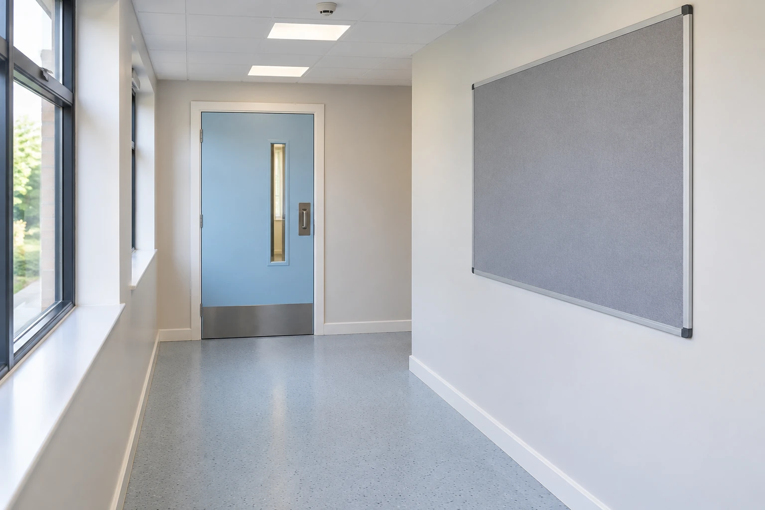 Generated illustration of a complete school door with a narrow vision panel and ordinary surrounding finishes.