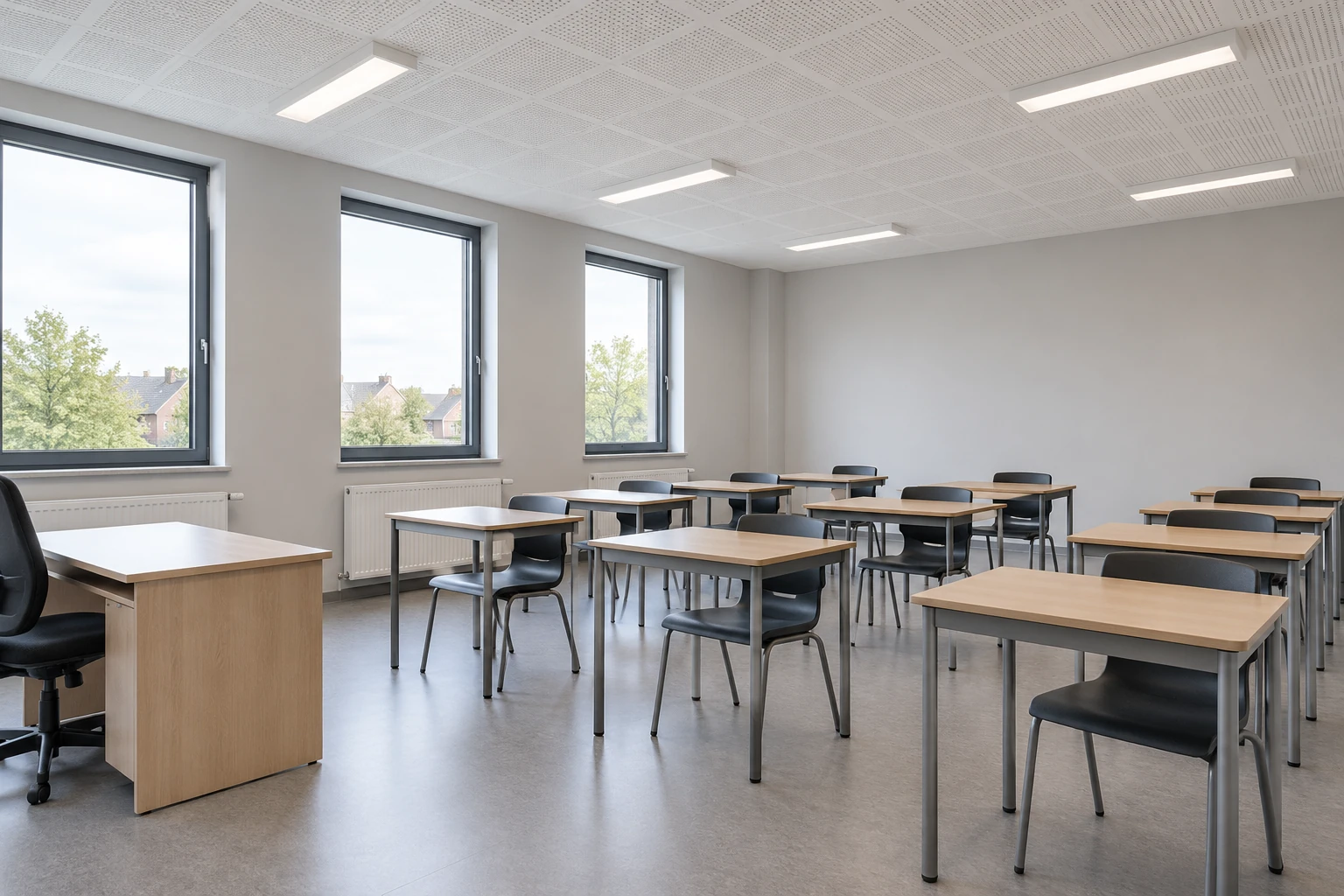 Generated illustration of an empty classroom with rows of desks beside three separate windows.