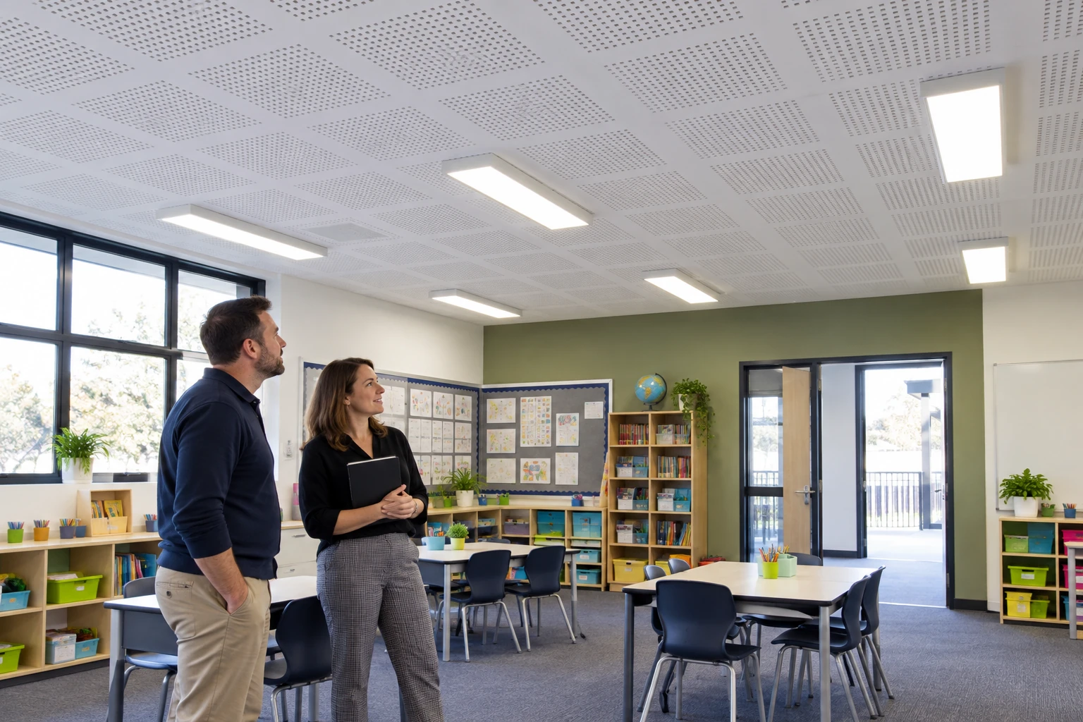 Generated illustration of a school representative and site coordinator reviewing an empty finished classroom.
