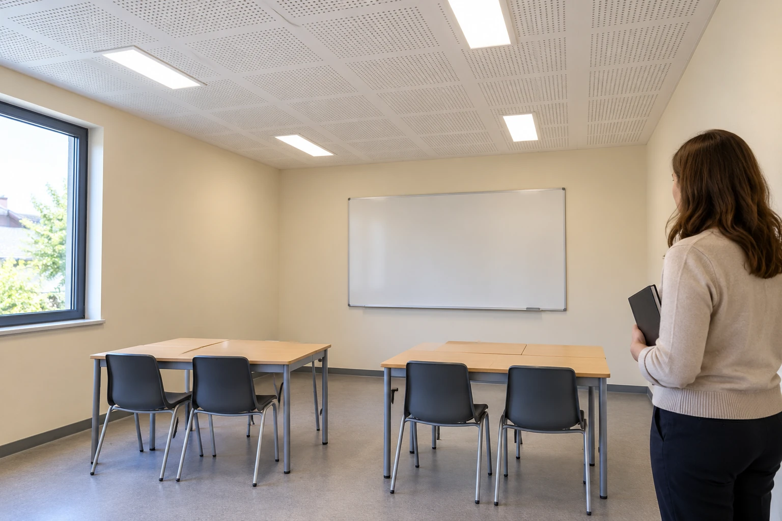 Generated illustration of an educator reviewing two group-table arrangements in a plain classroom.
