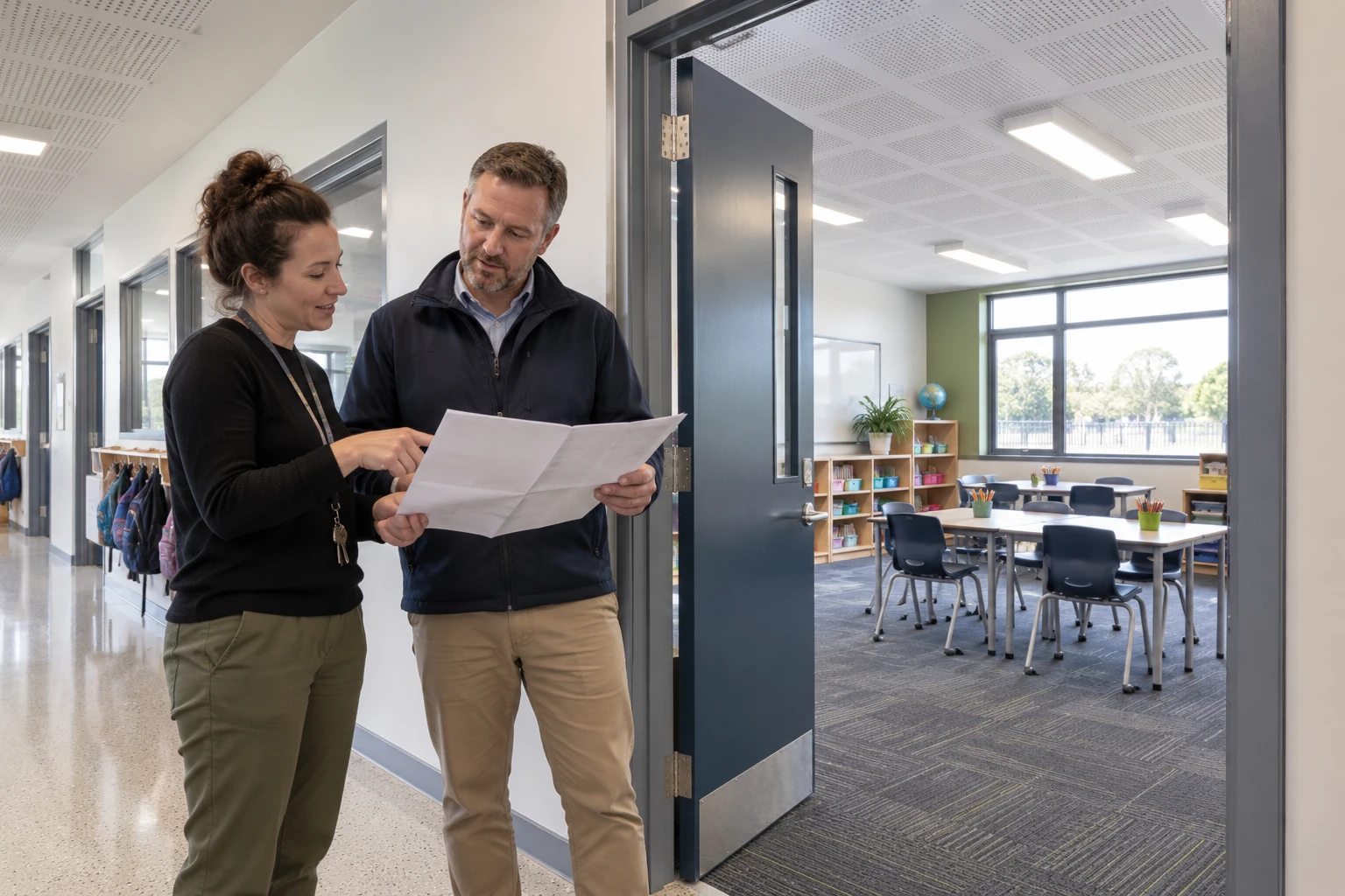 Generated illustration of two educators discussing a room layout near an ordinary classroom entrance.