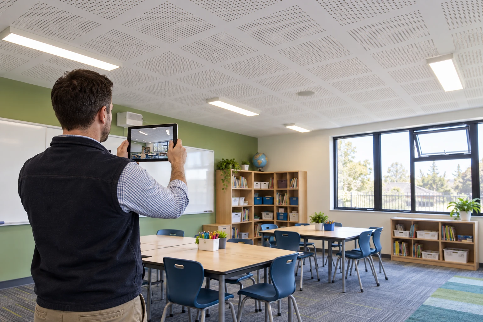 Generated illustration of a facilities coordinator recording a classroom window and furniture arrangement with a tablet.