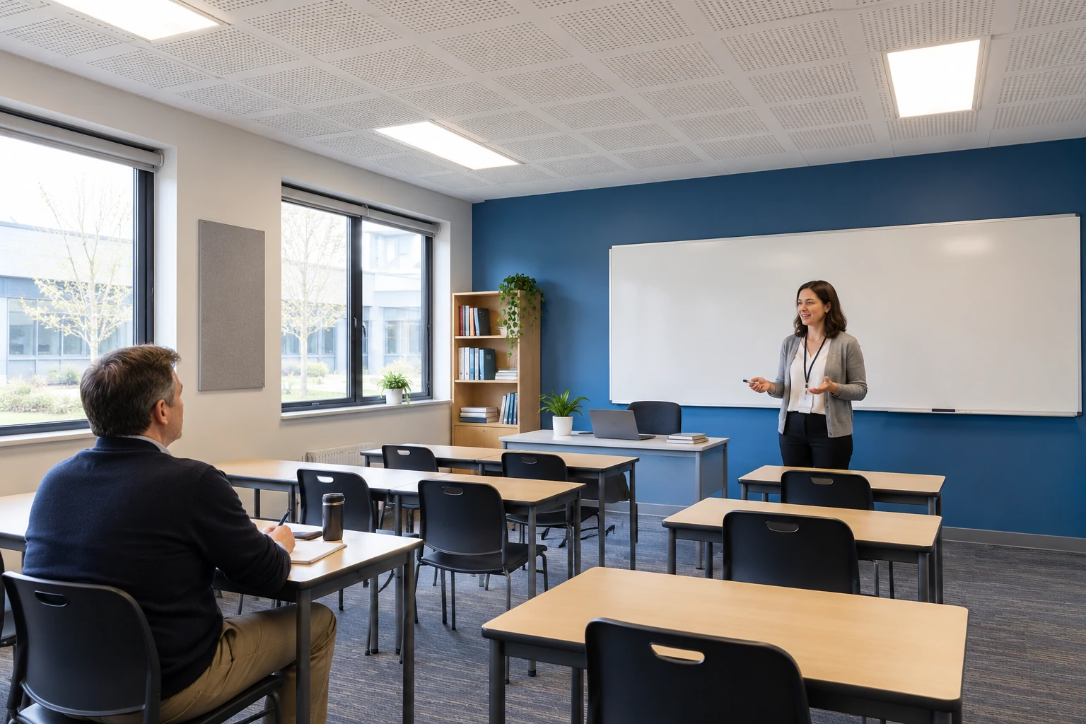 Generated illustration of an educator at the front of a classroom and an adult reviewer seated at a rear desk.