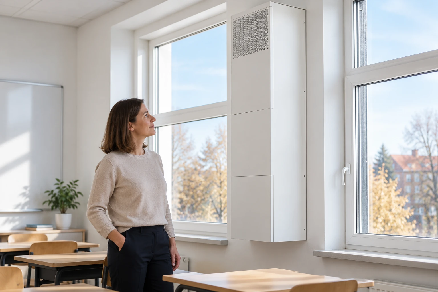 Generated illustration of a teacher observing a visible classroom ventilation housing beside windows.