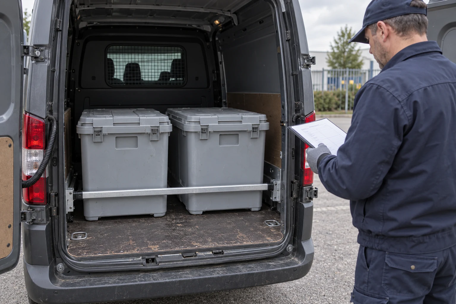 A service driver checks paperwork beside closed containers secured in a van cargo area.