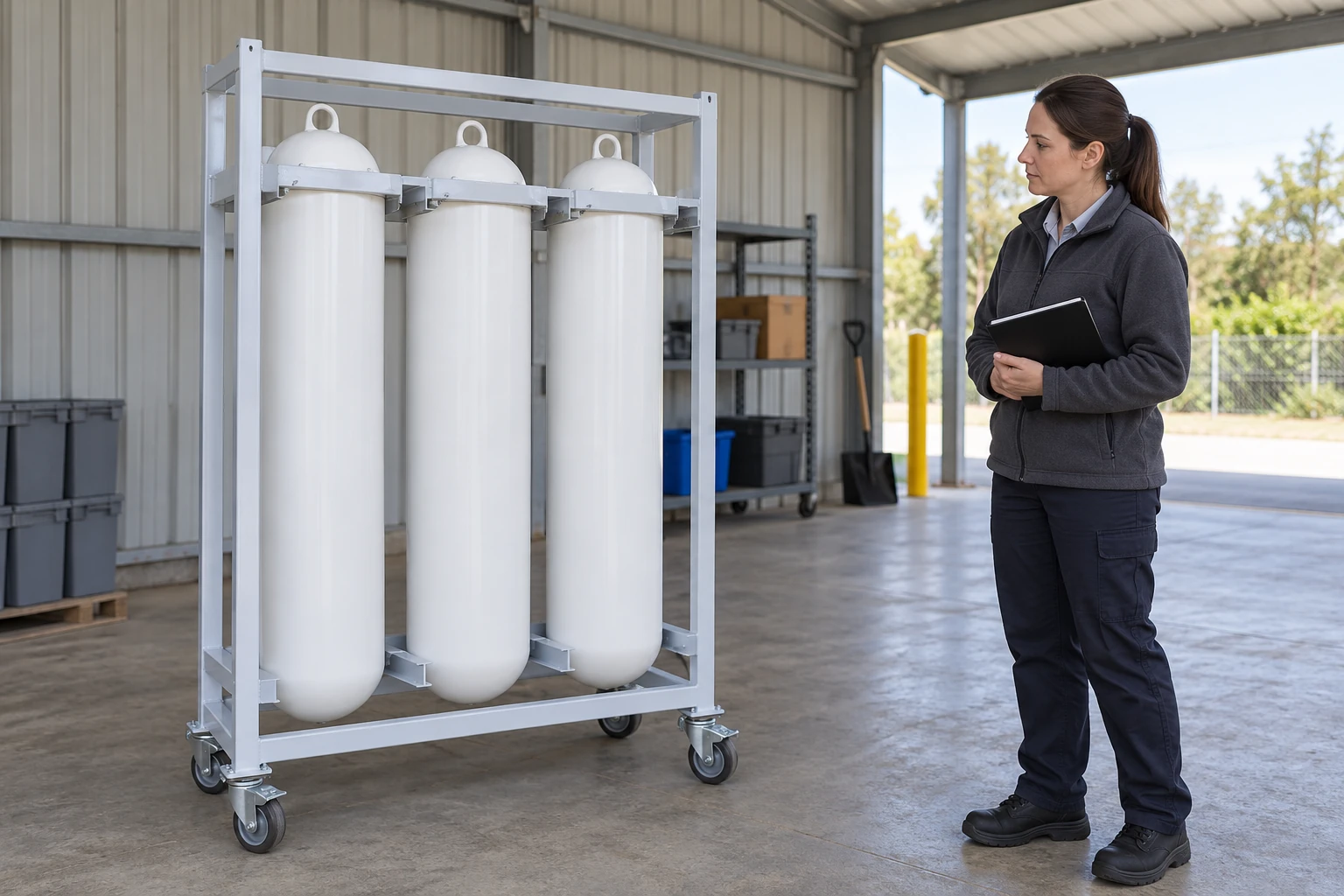 Generated illustration of a site coordinator noting closed hygiene containers in a service holding area.