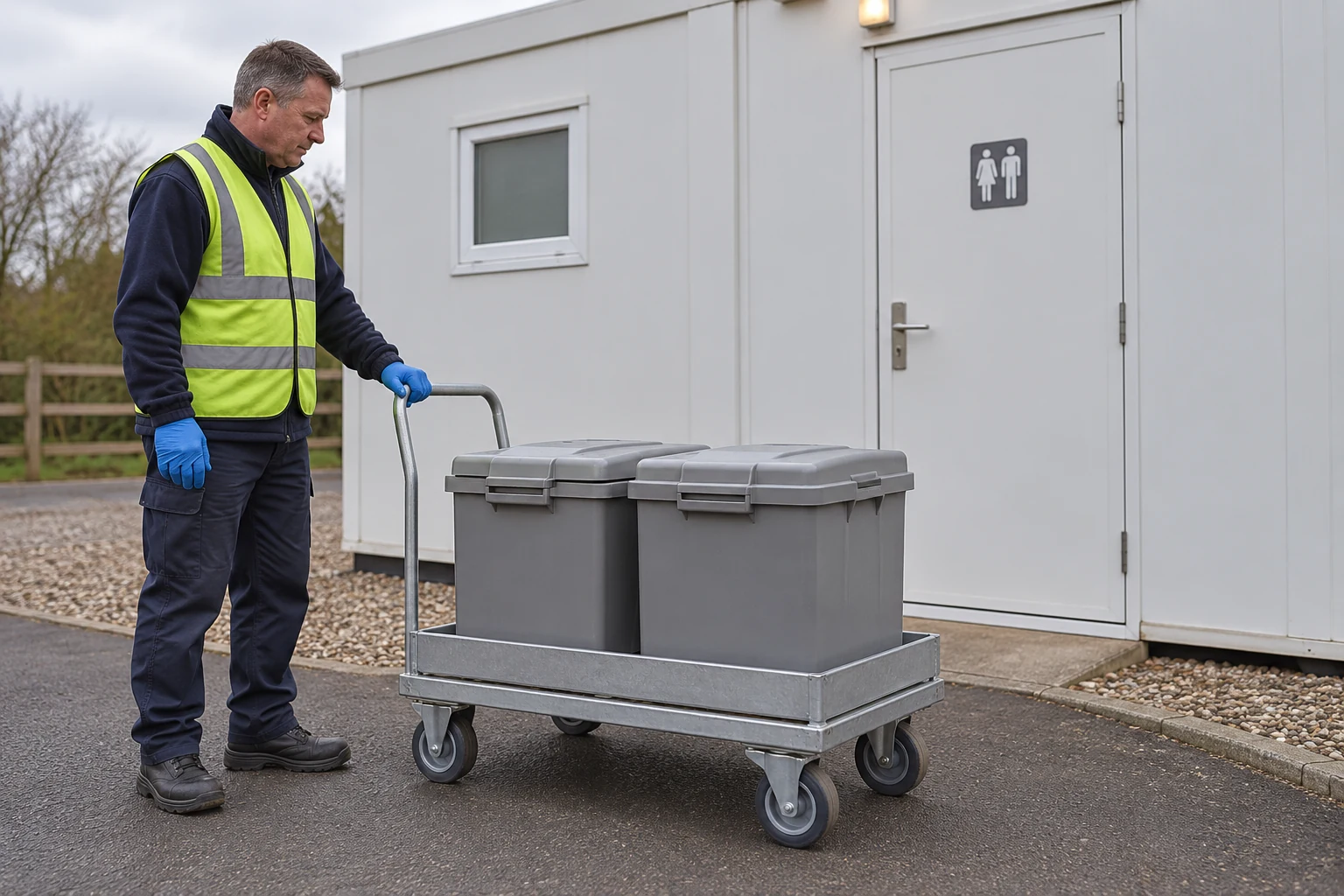 Two closed sanitation-service containers rest on a stable trolley beside a modular toilet block.