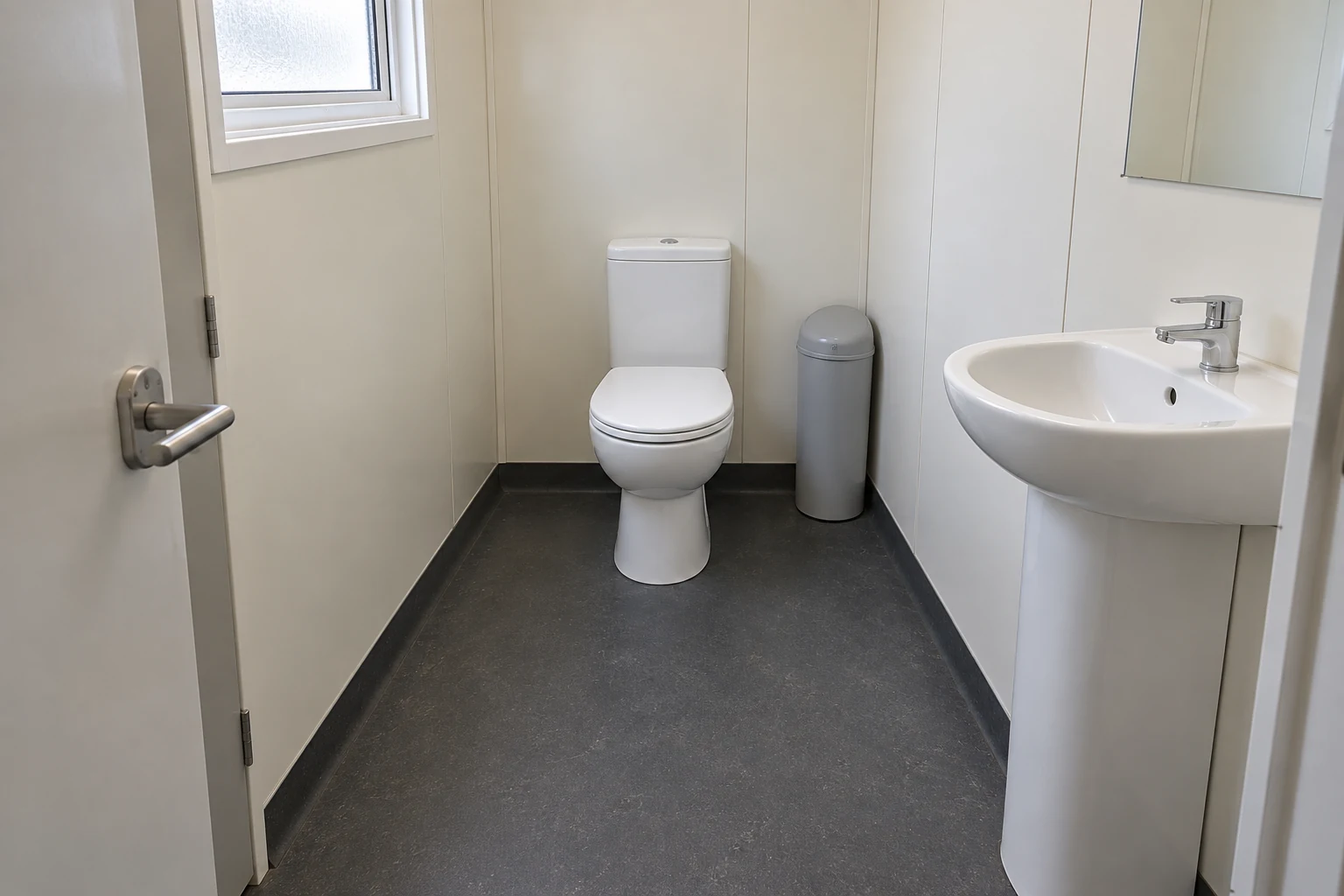 A clean modular toilet cubicle has a covered sanitary disposal point and enclosed basin plumbing.