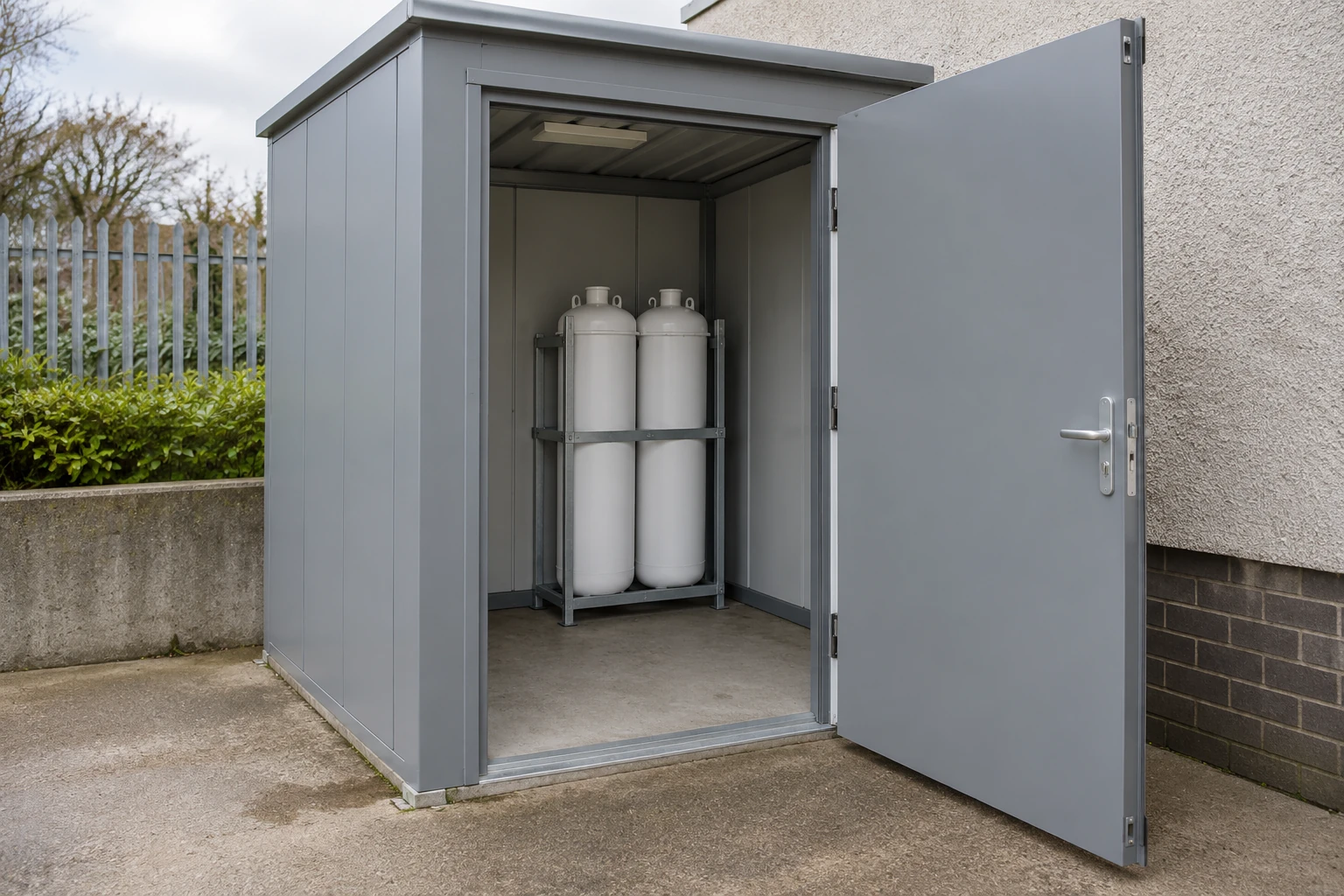 Generated illustration of closed hygiene collection units stored within a plain covered lockable service enclosure.