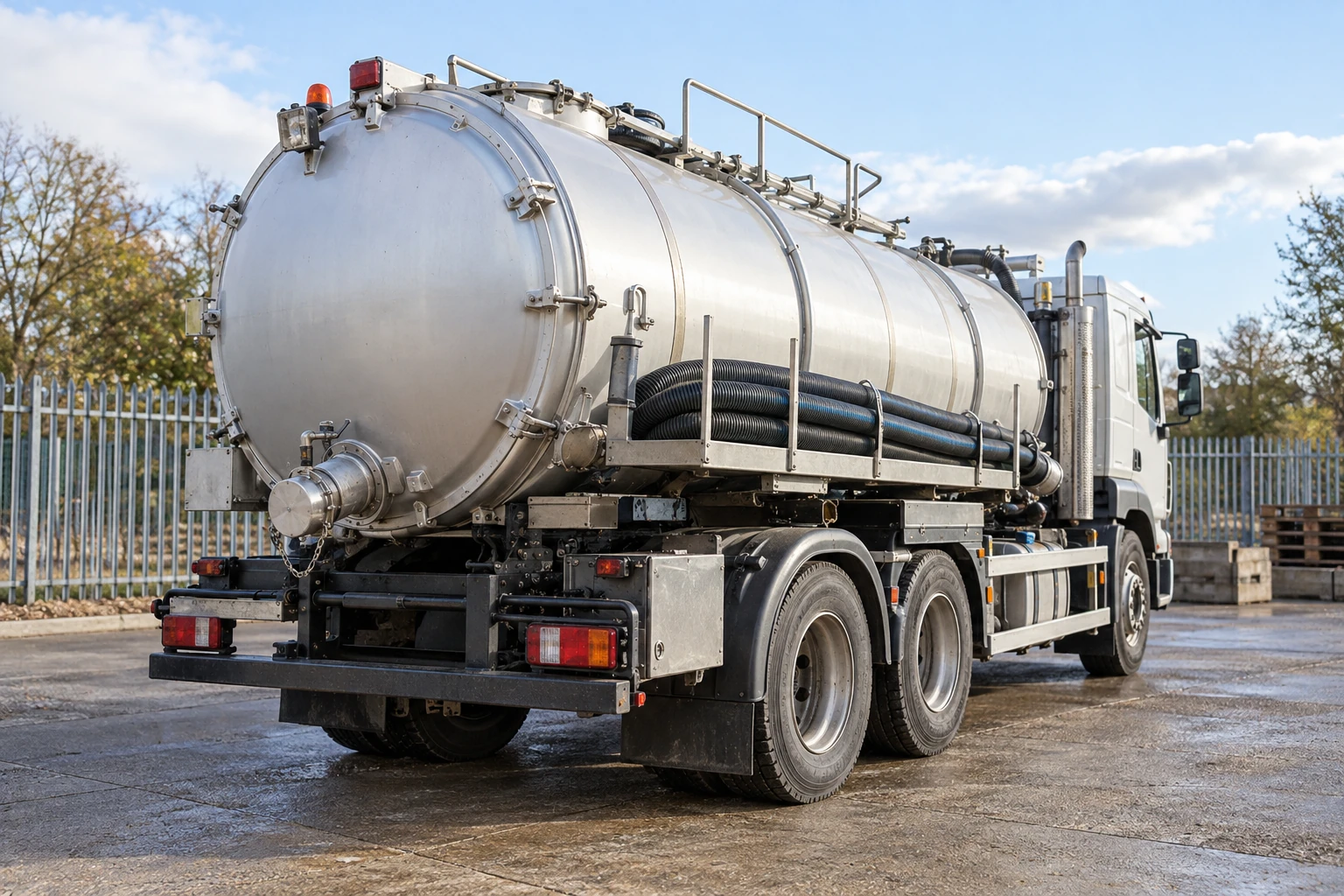 Generated illustration of a parked service tanker's capped rear connection with a stowed hose.