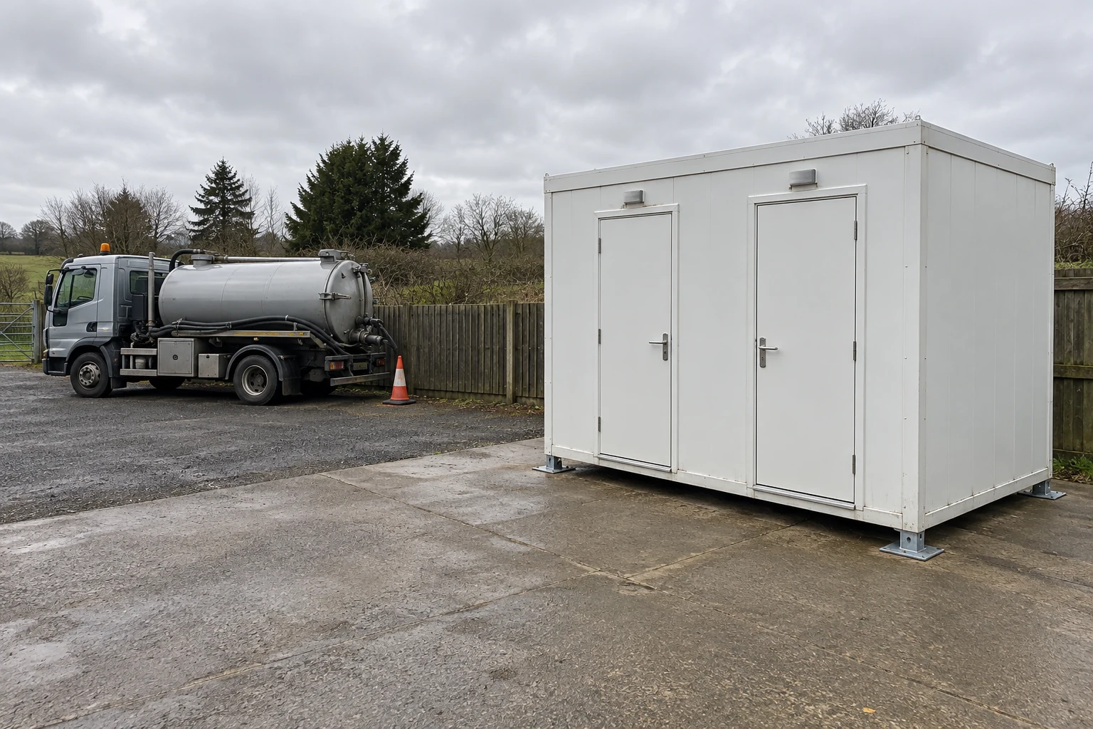 A modular sanitation facility has a clear user entrance and separate service-vehicle area.