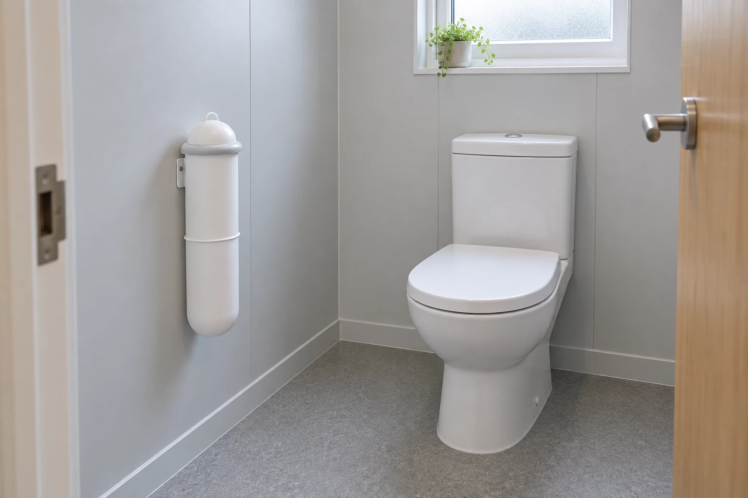 Generated illustration of a closed wall-mounted hygiene disposal unit beside a toilet in a plain cubicle.
