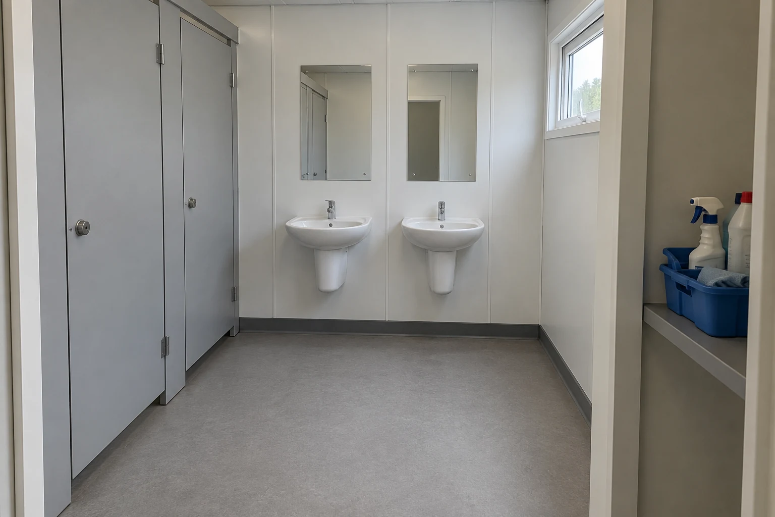 A modest modular washroom has clear circulation between handwash basins and toilet cubicles.