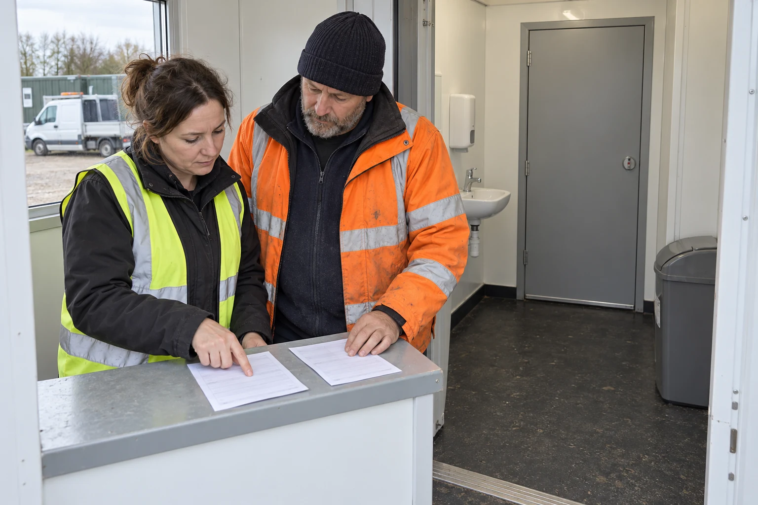 Site coordinators compare separate hygiene-bin and toilet-tank service records in a modular washroom.