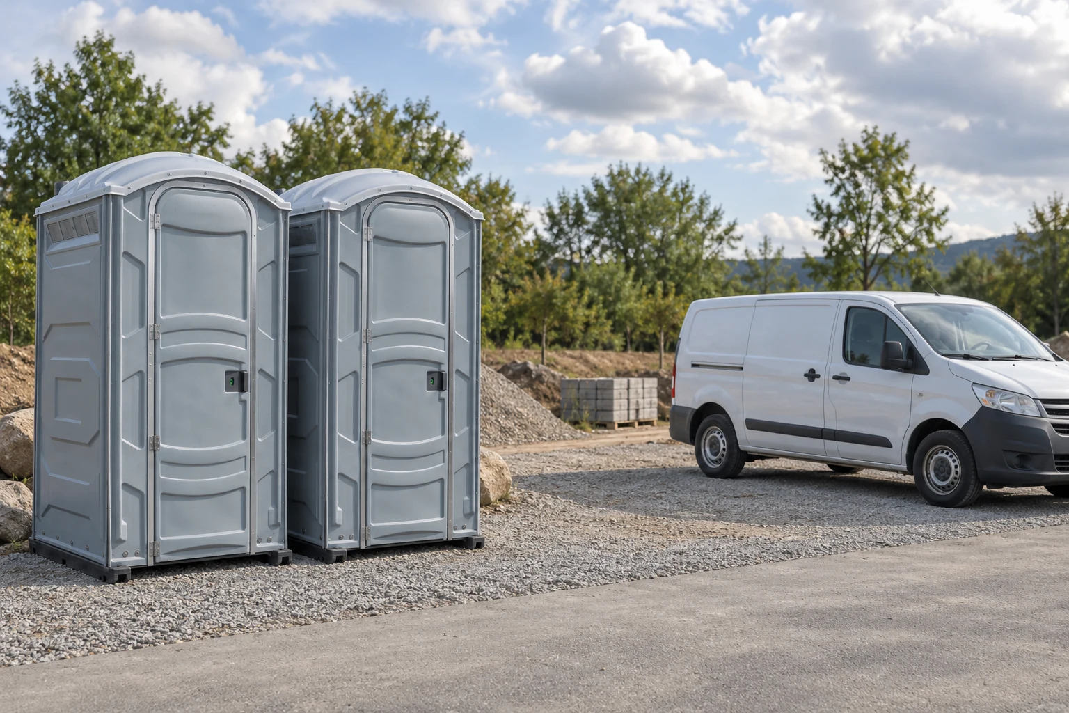 Portable toilet access is kept separate from a parked service vehicle.