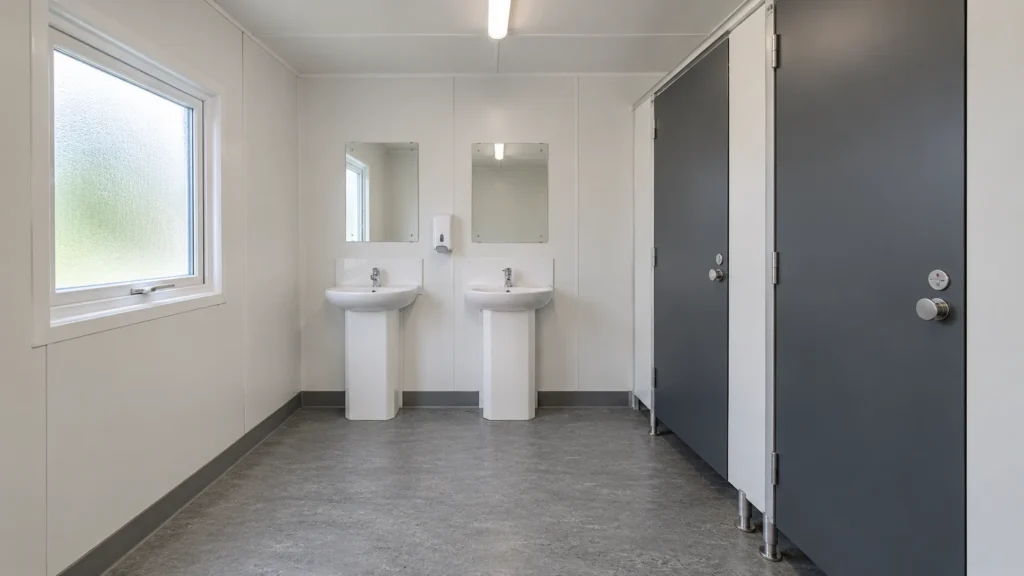 A modest modular welfare interior combines toilet cubicles and washbasins.