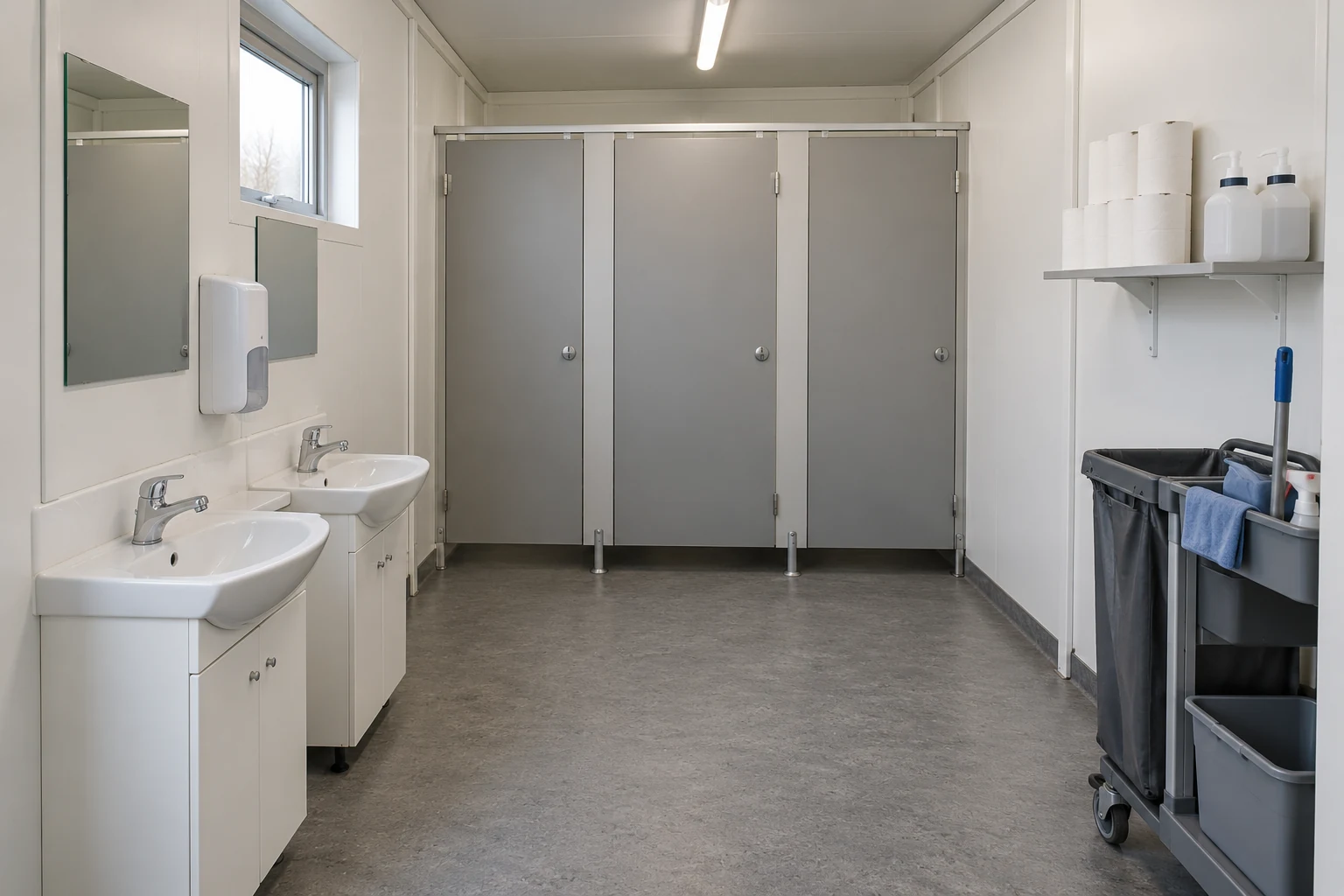 Clean replacement soap and paper supplies are stored beside a washroom.