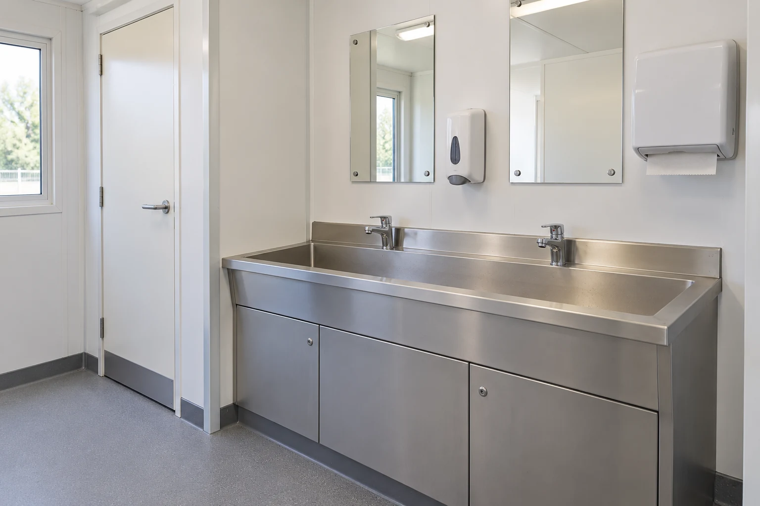 A wide washing trough and supplies illustrate a task-specific washing provision.