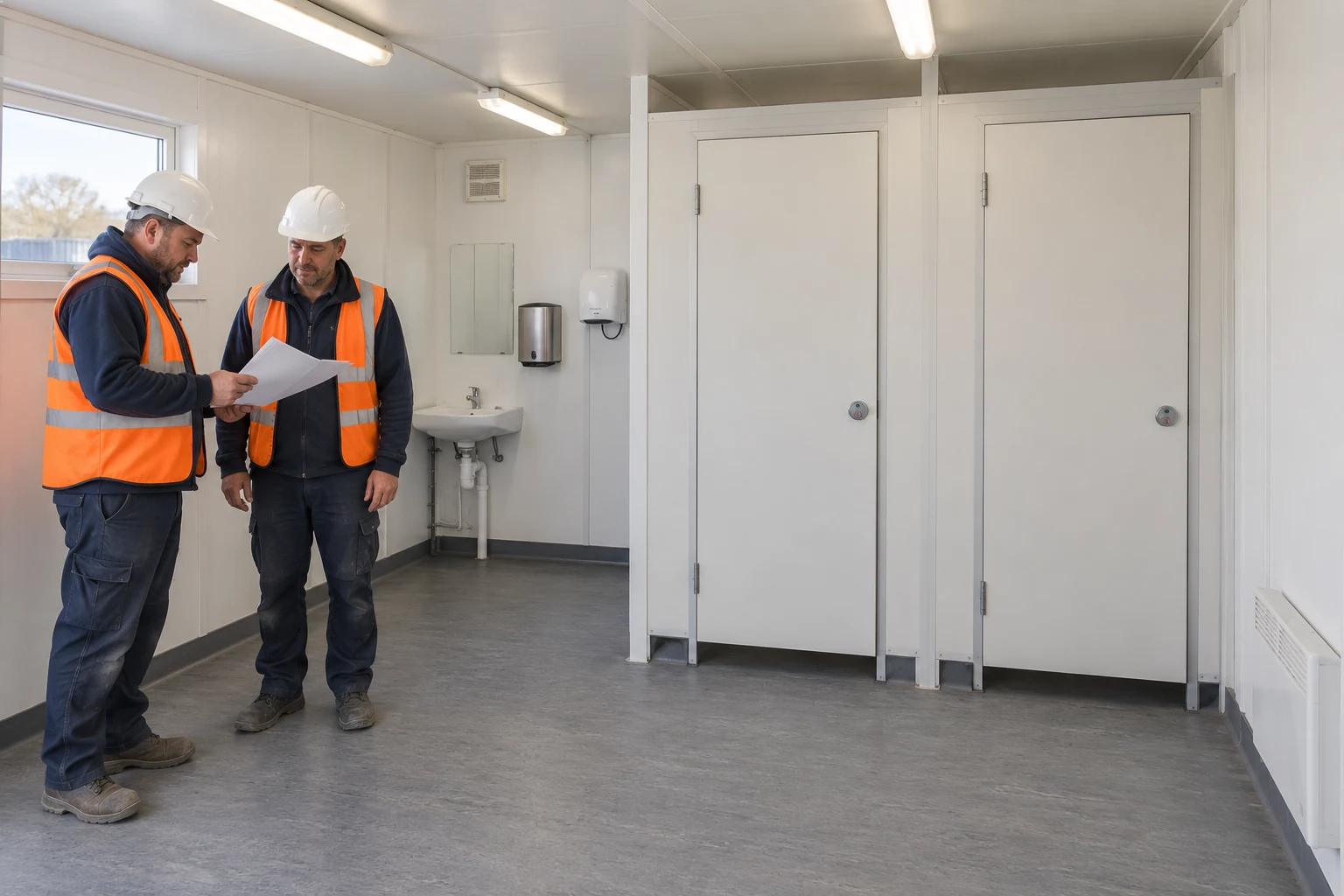 Site coordinators review a welfare-function brief beside washbasins and closed cubicles.
