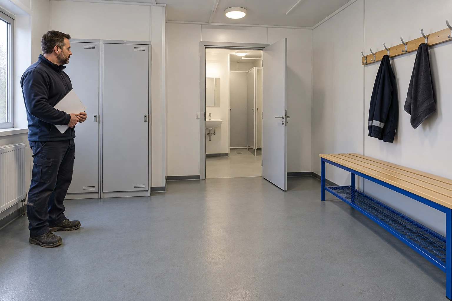 An operator reviews the installed welfare layout and handover brief.