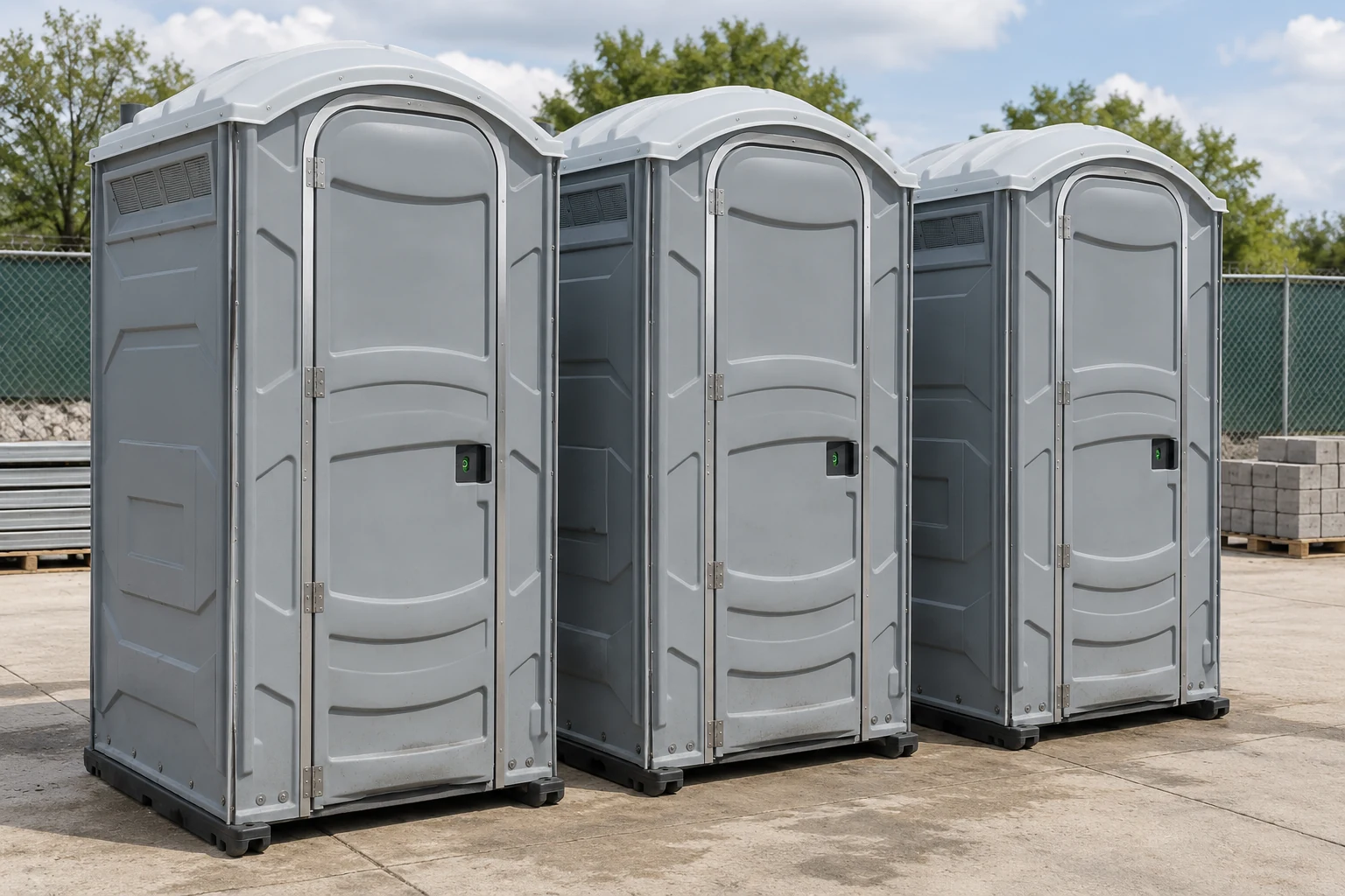 Separate portable toilet cubicles have a clear ground-level approach.