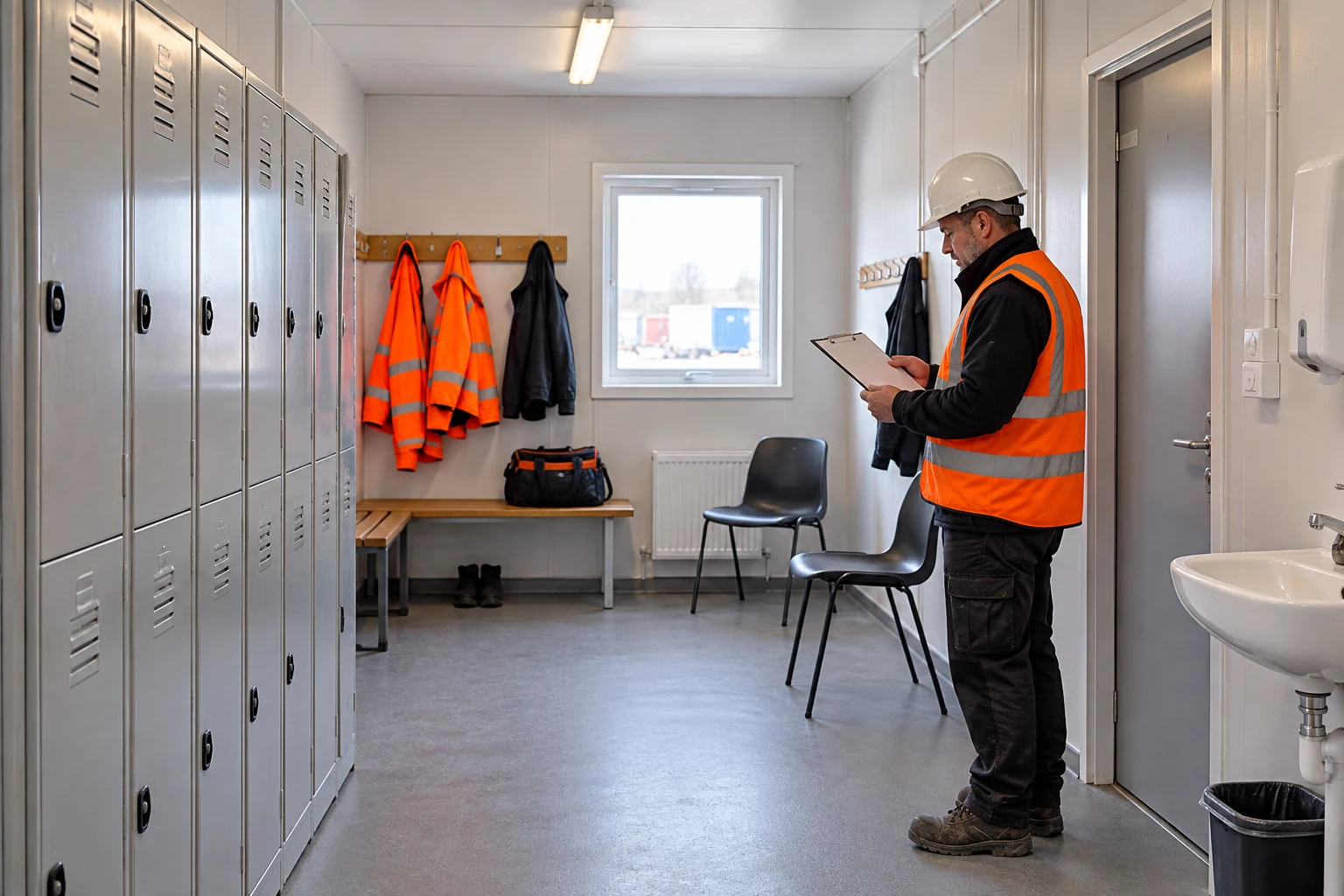 A supervisor reviews shift-use information in a changing area.