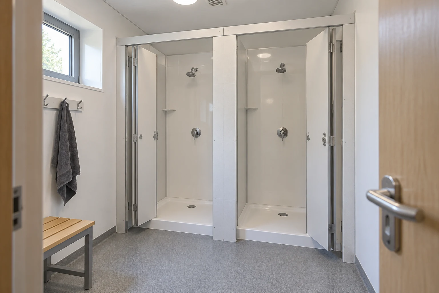 Two private shower compartments show separate trays, drains and shower heads.