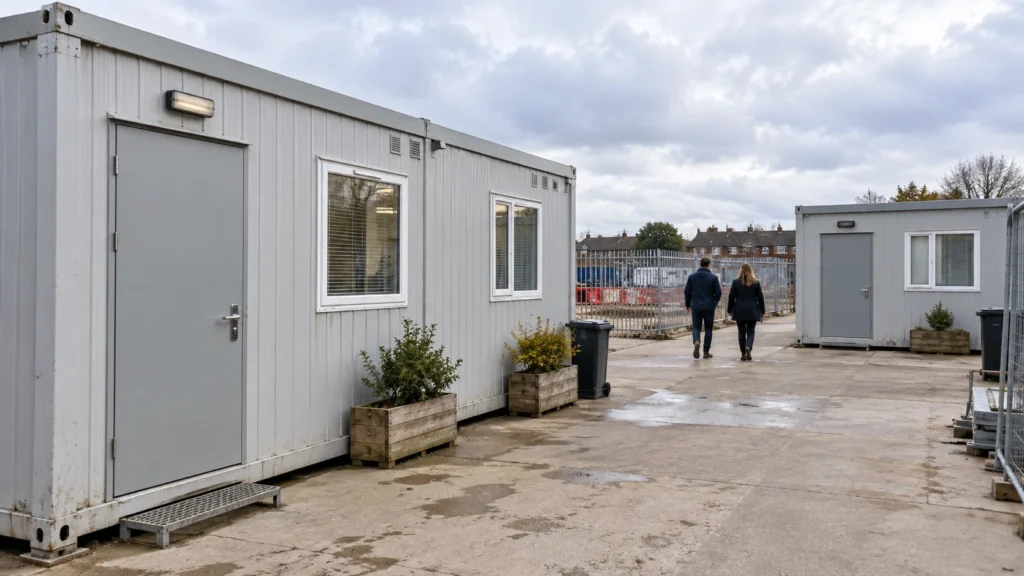 A separate office annex stands beside an existing modular site office.