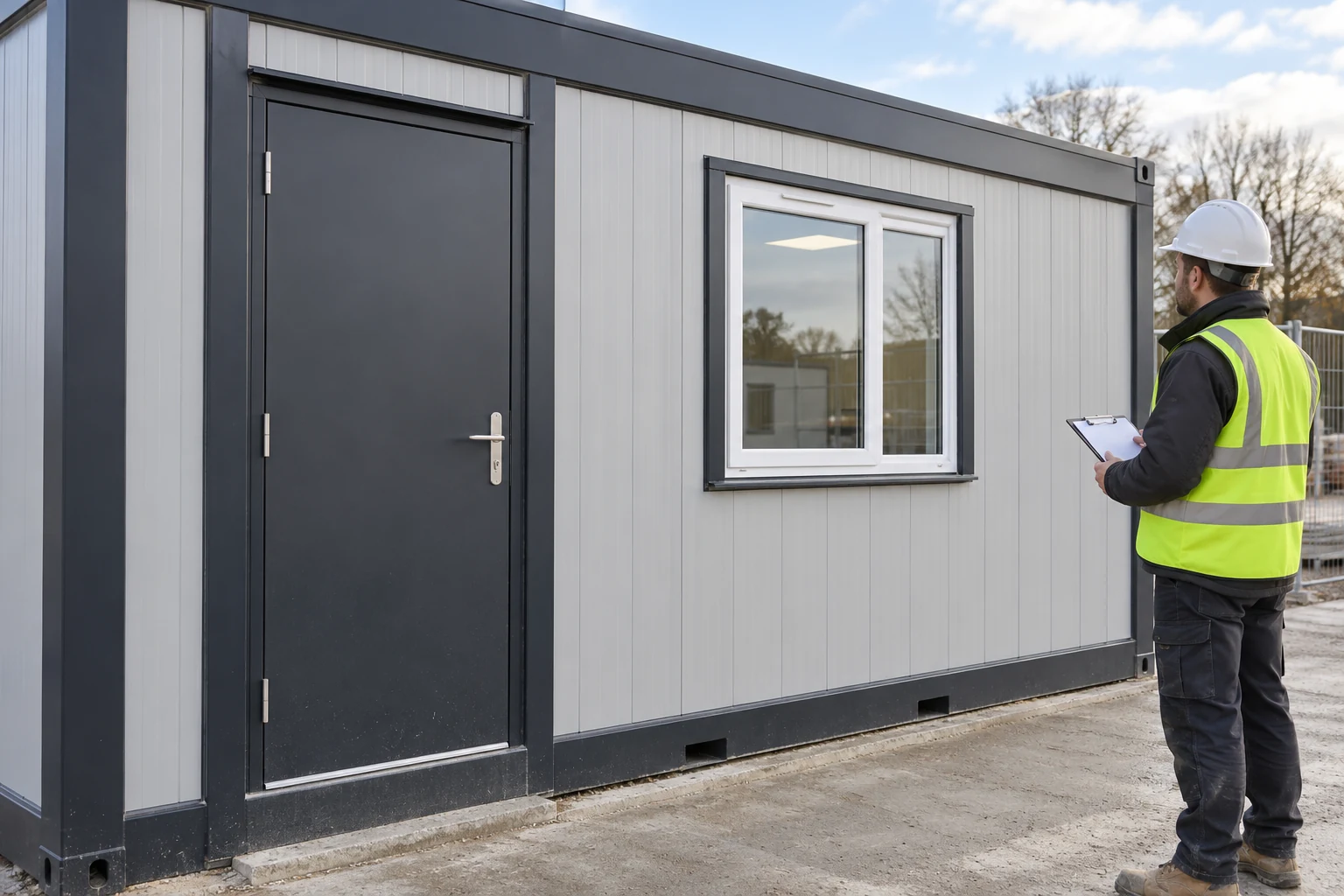 The existing office wall and entrance are documented before an addition is designed.