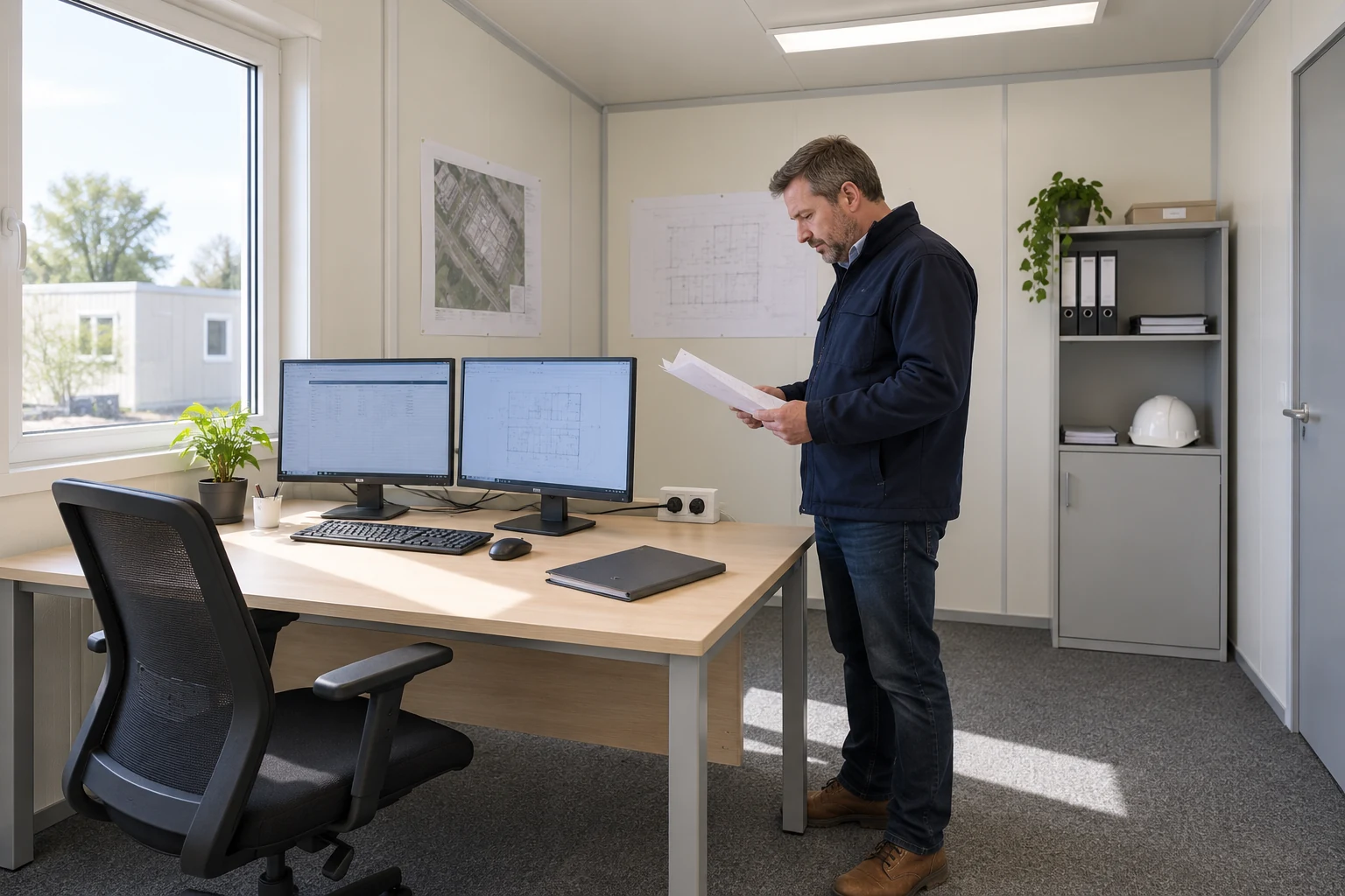 Office equipment and service needs are recorded before the planned changeover.