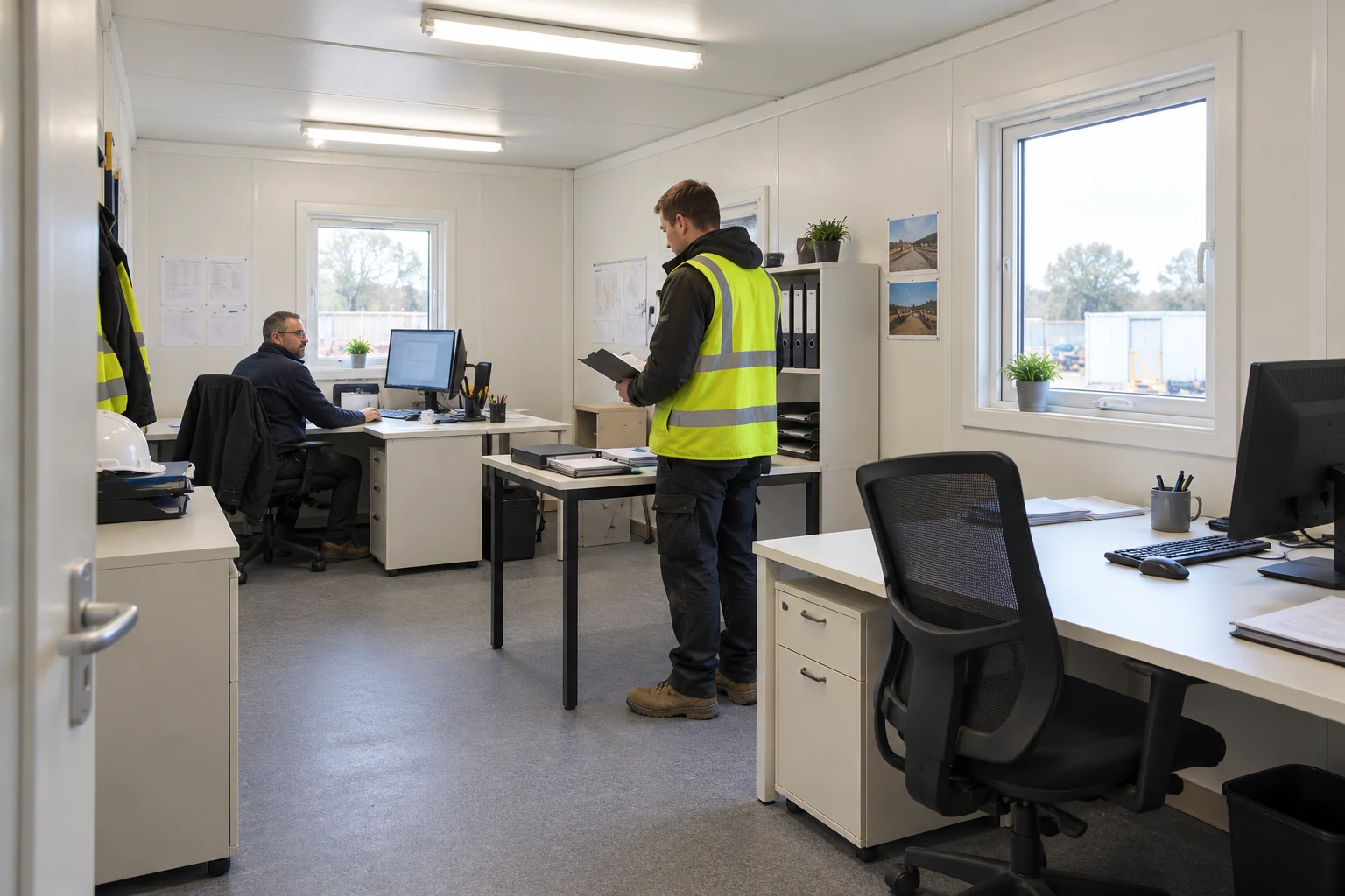 Site staff review the existing desks and activities before adding office space.