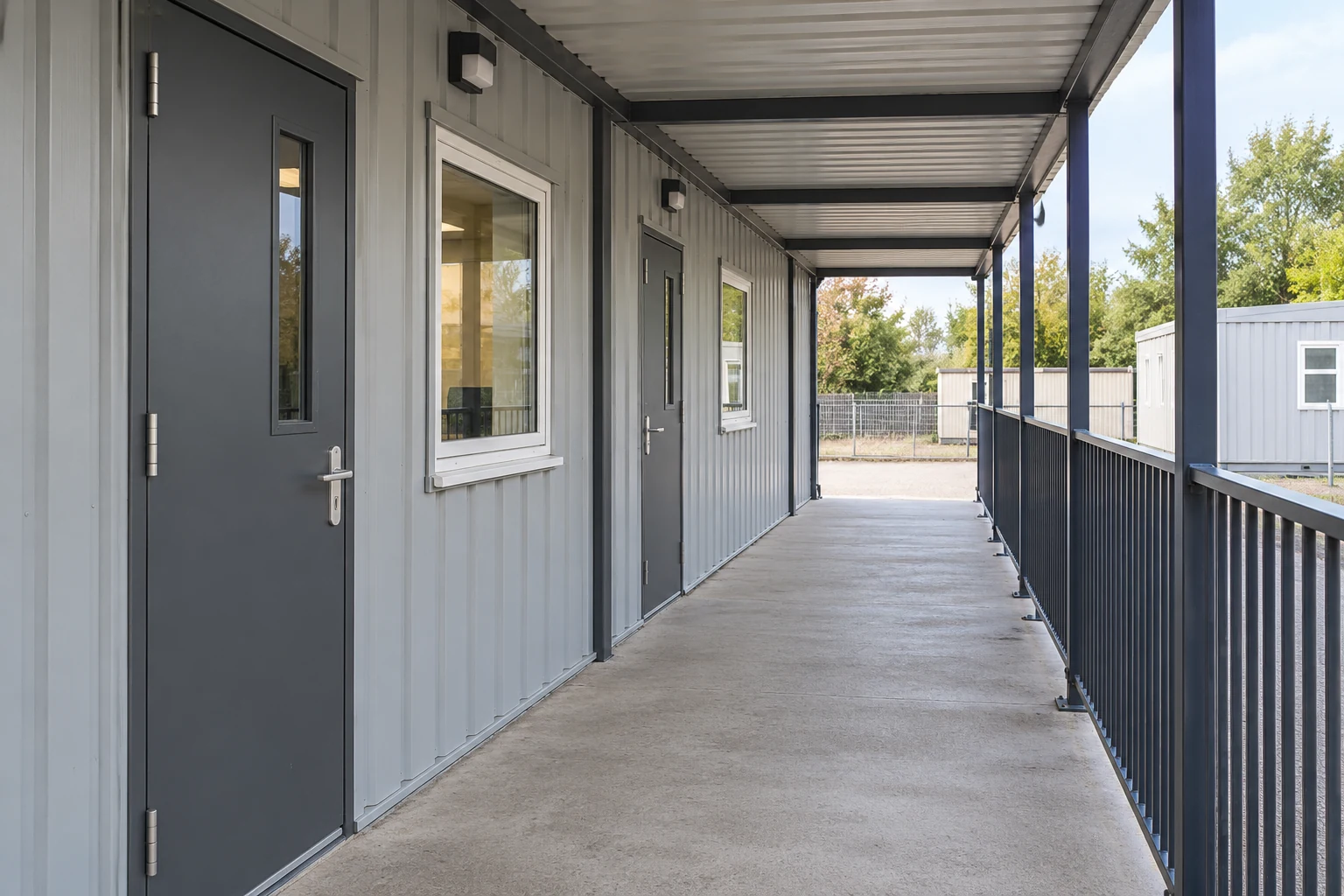 A clear external office route remains separate from stored construction materials.