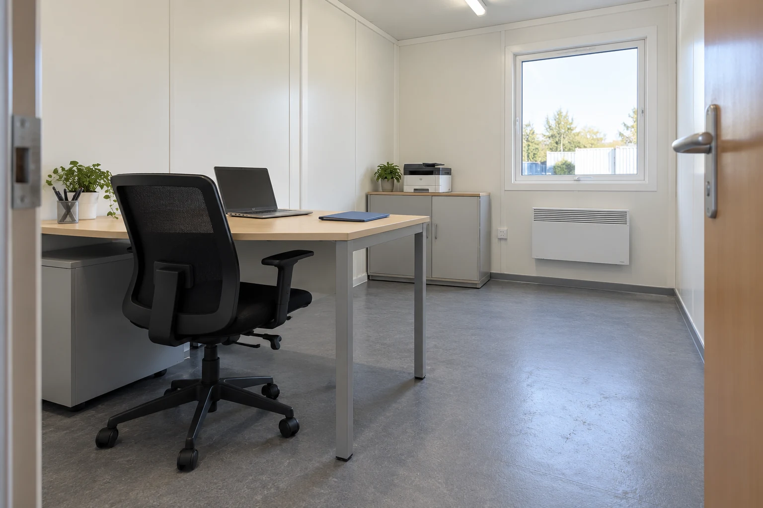 A temporary workstation retains access to documents and communications during a room move.