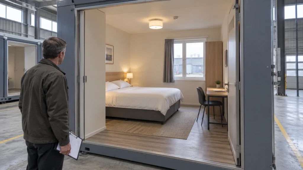 A reviewer stands beside a stationary modular hotel room sample.