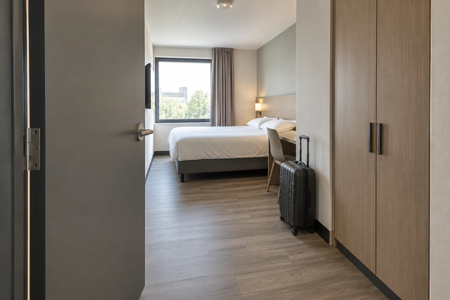 An open entry door is observed alongside the actual room furniture.