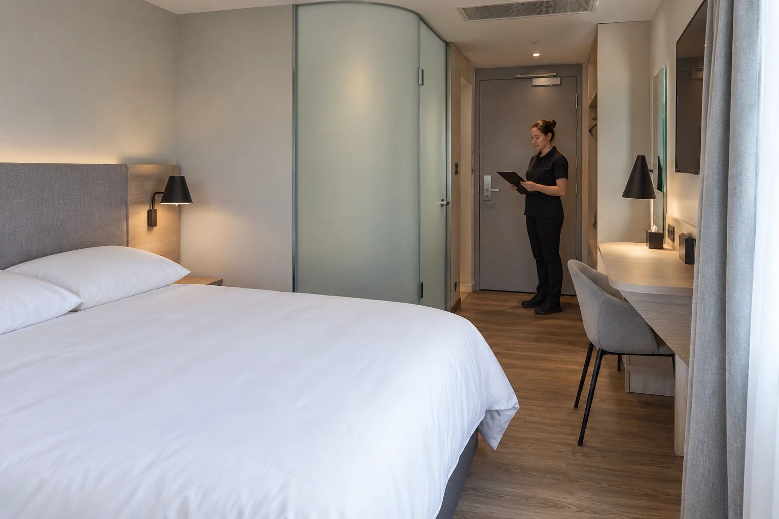 The installed room is reviewed separately from the factory sample reference.