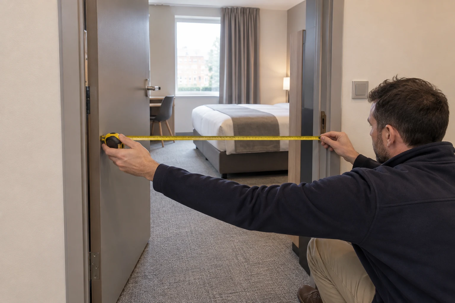 A surveyor checks the clear doorway opening at the installed door faces.