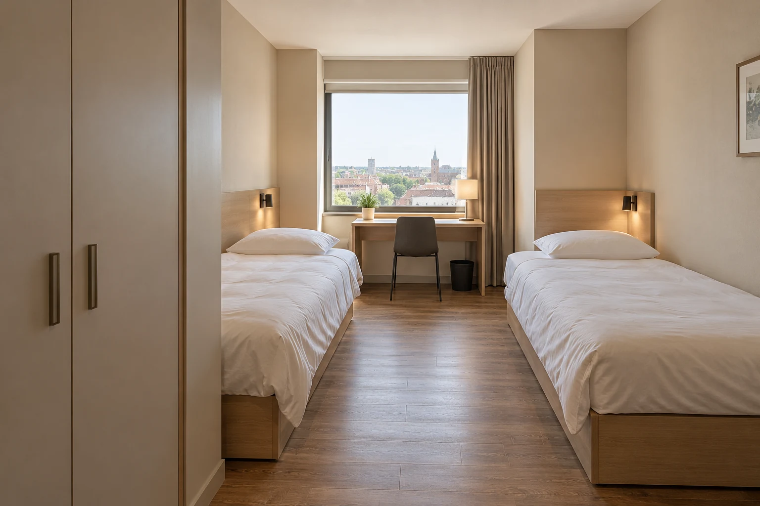 A twin-bed room presents different furniture and circulation relationships.
