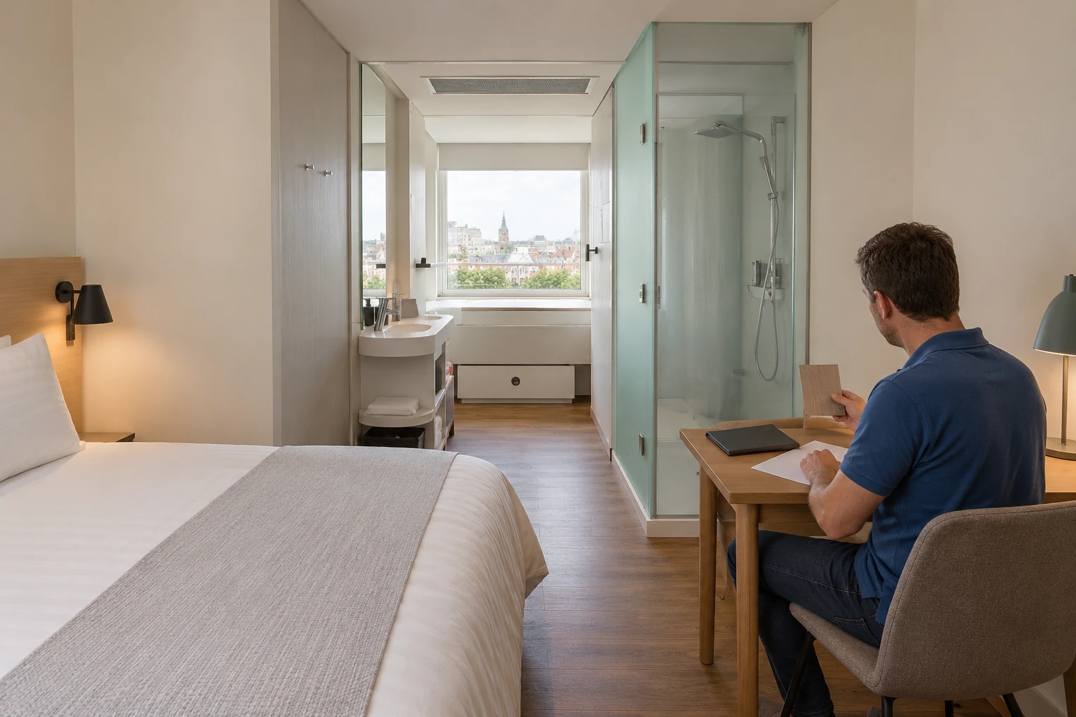 A reviewer compares the furnished room sample with its project records.