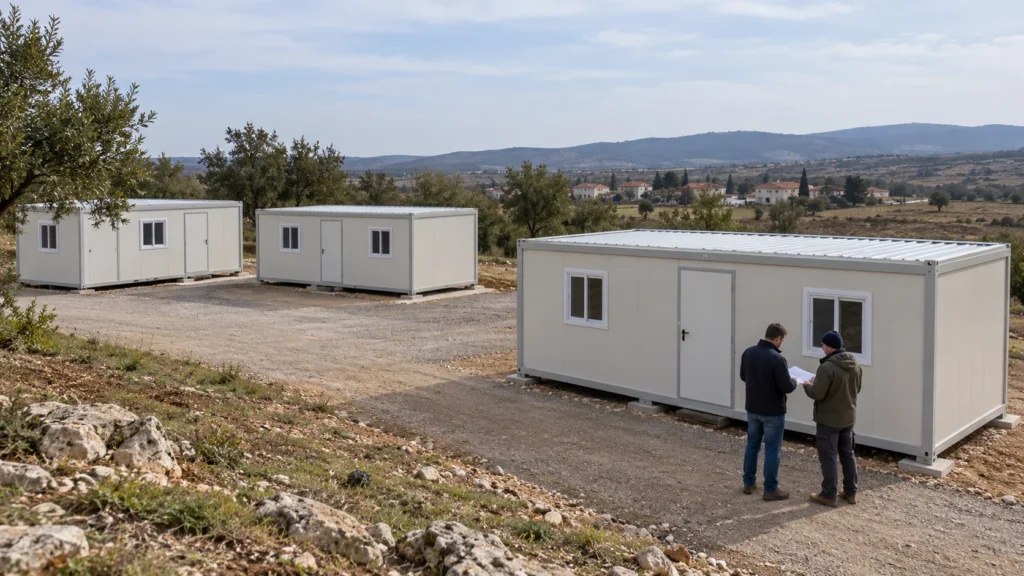 Coordinators review a stationary accommodation site before a phased delivery.